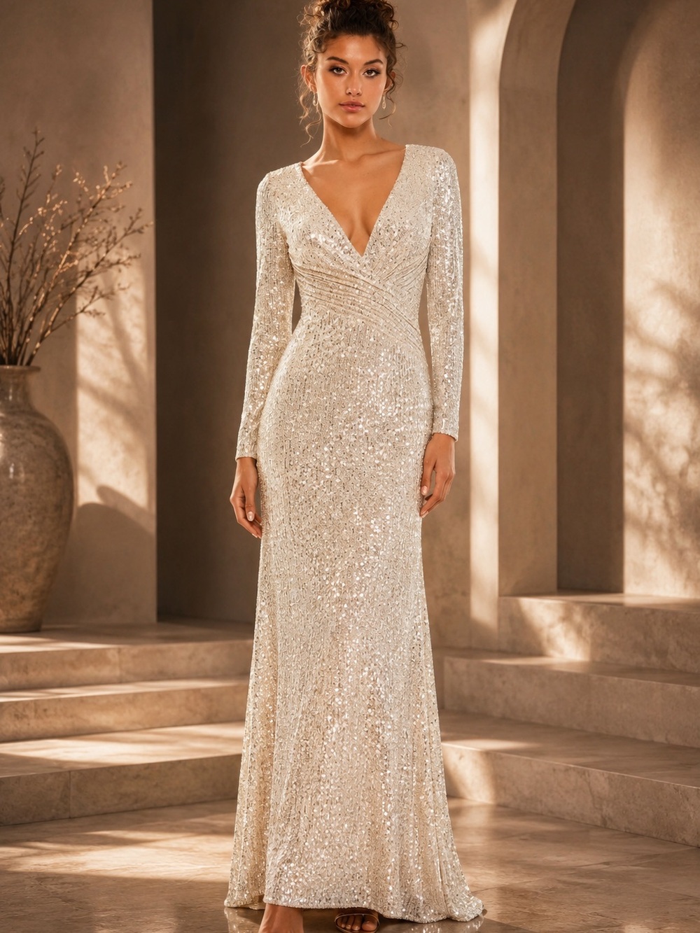 Mac Duggal Champagne Sequin Full Sleeve Column Silhouette Gown